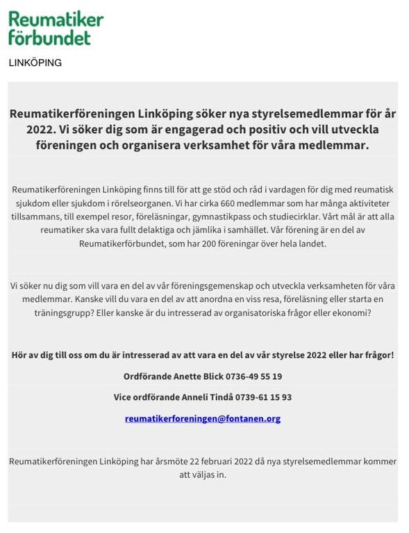 Bli en del av Reumatikerföreningen Linköpings styrelse 2022